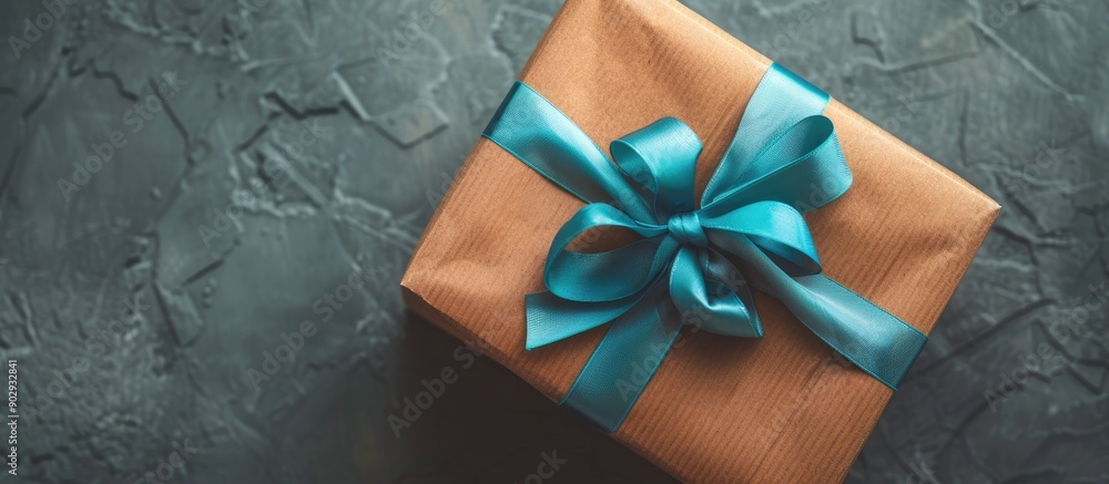 Poster single gift box with brown wrapping and blue ribbon on top creating a festive holiday concept the cl