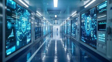 Fototapeta premium Futuristic Cyber Hospital with Holographic Interfaces and Digital Environments