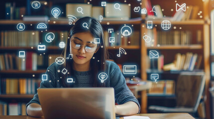 Student participating in online learning with a laptop and floating digital icons