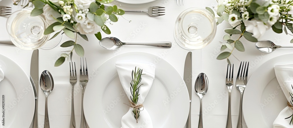 Aufkleber table decoration items arranged on a white background with space for a picture. creative banner. cop