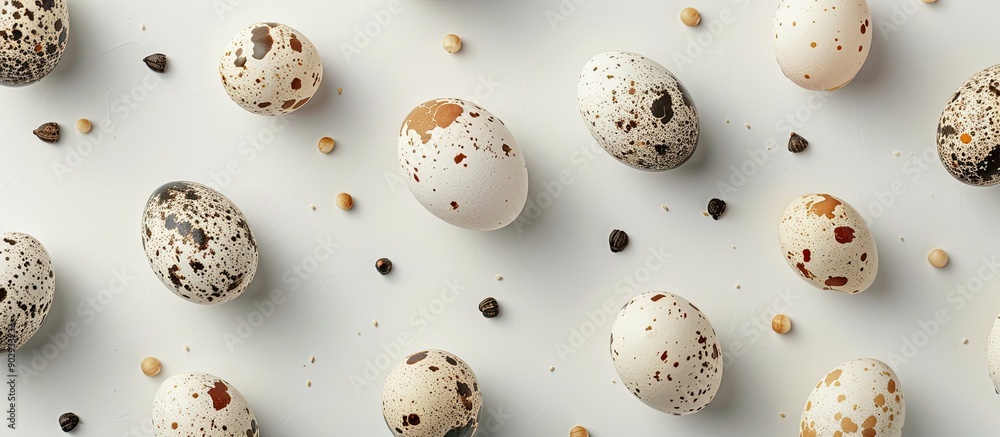 Poster top view of uncooked quail eggs on a white background for a protein rich diet highlighting healthy f