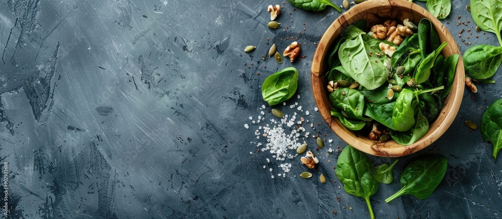 Poster a wooden bowl filled with fresh spinach leaves sea salt and a mixture of seeds and nuts forming a wh