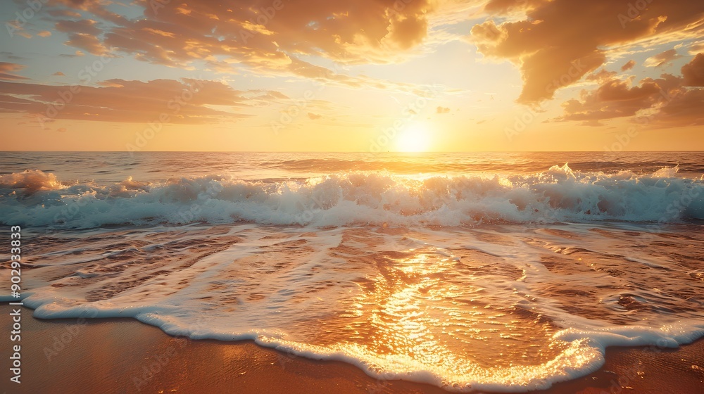 Wall mural Breathtaking Sunrise Over Peaceful Beach with Soft Waves and Golden Light