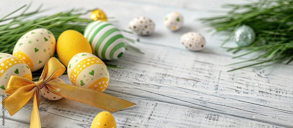 Poster easter themed decor featuring bunnies eggs in yellow and green and green grass on a light background