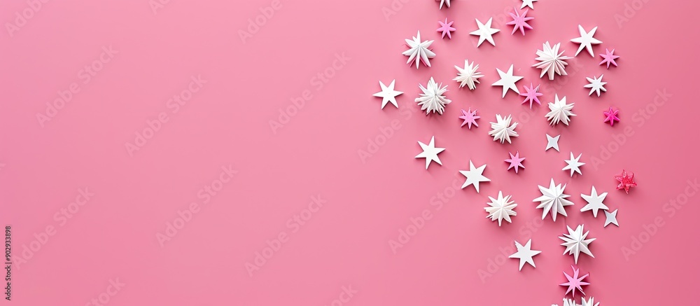 Poster pop art themed pink background adorned with a burst of white wooden star shaped fireworks ideal for 