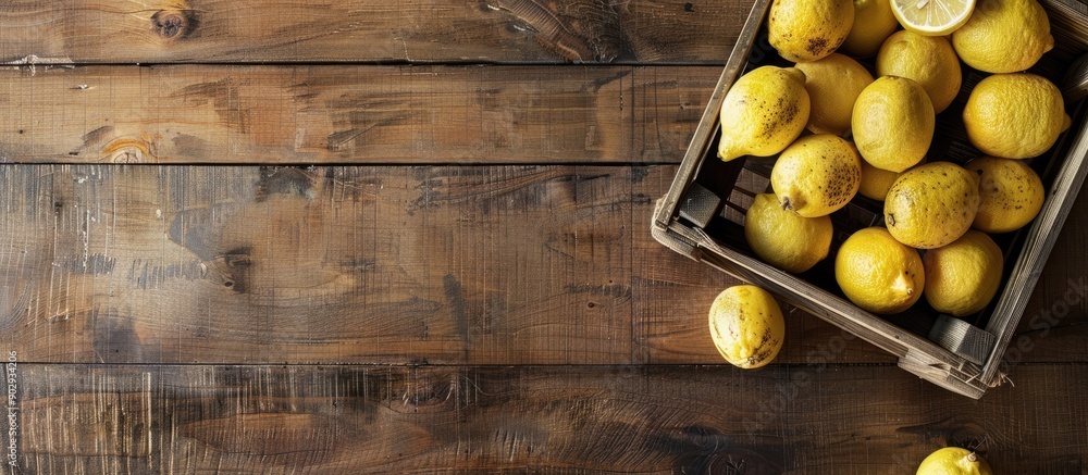 Aufkleber Top down view of a wooden table with a wooden crate filled with fresh lemons providing ample space for adding text or an image