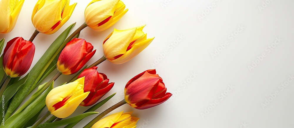 Leinwandbilder red and yellow tulip bouquet on a white table top view suitable for mock up designs with copy space 
