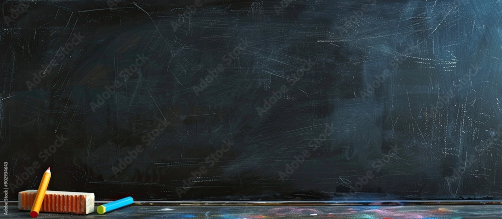 Poster horizontal composition of a blackboard with colored chalks an eraser and light effects creating a bl