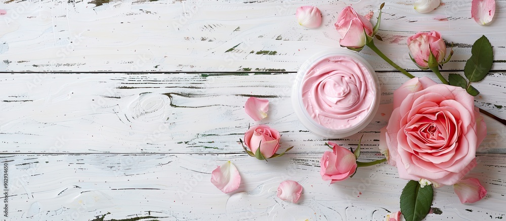 Aufkleber rose flower and pink moisturizer displayed on a white wood background with ample copy space image