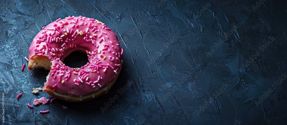 Poster top view of a pink frosted donut with a bite taken out set against a dark backdrop highlighting ampl