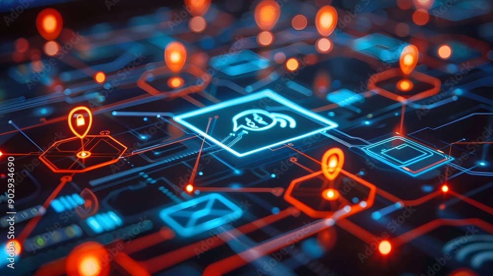 Poster digital network visualization with security icons and data connections