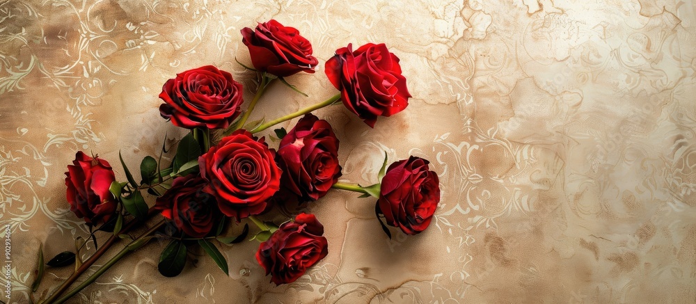 Aufkleber A top down shot of a group of red roses lying on a patterned light brown background Picture with room for text. Creative banner. Copyspace image