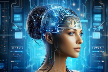 human brain merging with a head intertwined with microchips and a processor