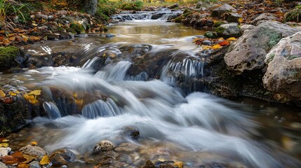 Fototapeta premium Rushing Autumn Stream: A Tranquil Waterfall Scene