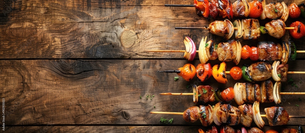 Fototapete Multiple types of barbeque skewers arranged on a rustic wooden table with ample copy space image