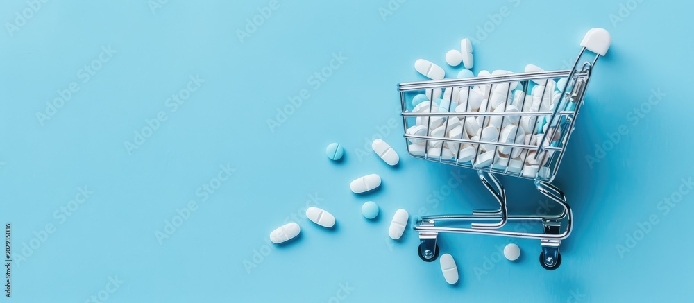 Poster online medicine shopping symbolized by a shopping cart filled with pills on a blue background featur