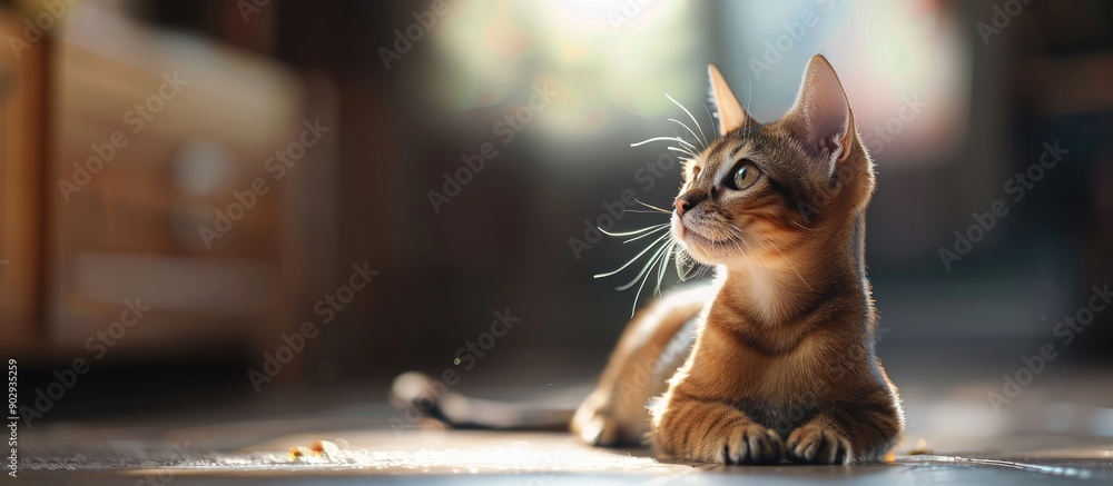 Poster A young Abyssinian cat is captured in a shallow focus portrait while sitting on the floor with a copy space image