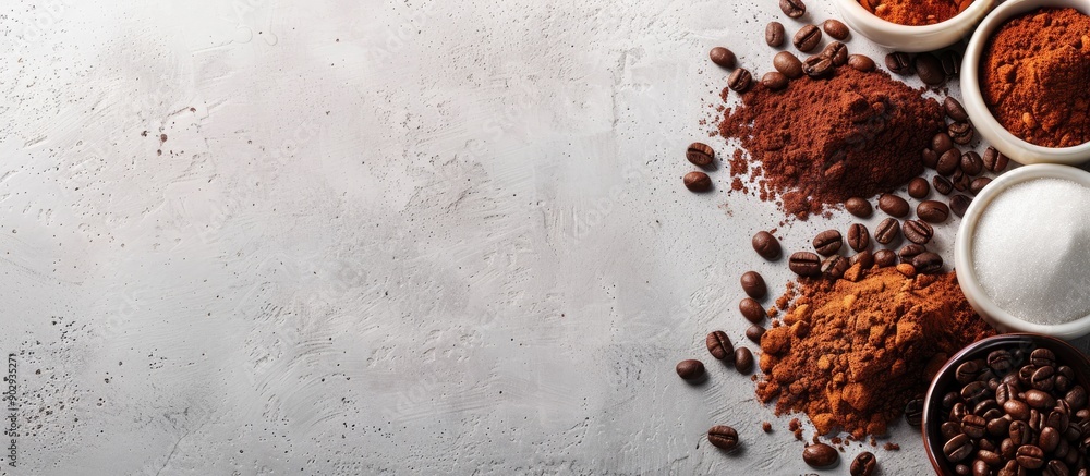 Poster copy space image featuring ingredients for a caffeine infused drink like coffee beans ground and ins