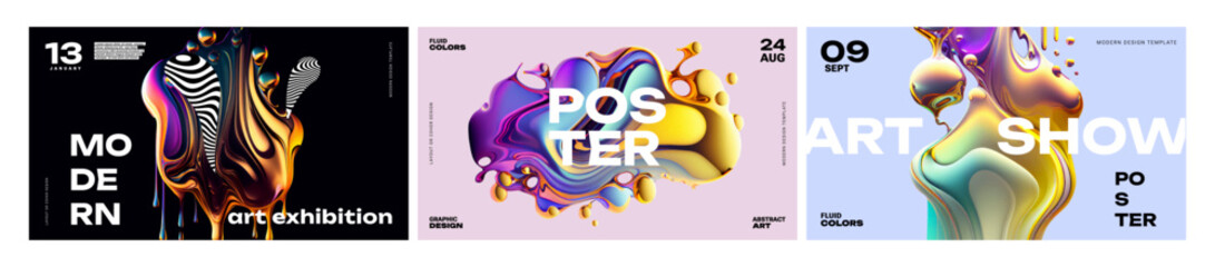 Abstract art posters, covers or prints set with liquid shapes, gradients in luminous colors and typography design. Modern design templates for art show or exhibition, night party, musical event, promo © Tanya Shulga