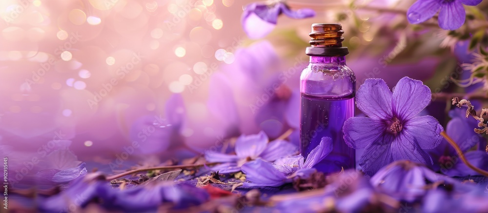 Poster violet flowers and a vial of essential oil create a serene spa ambiance in the background ideal for 