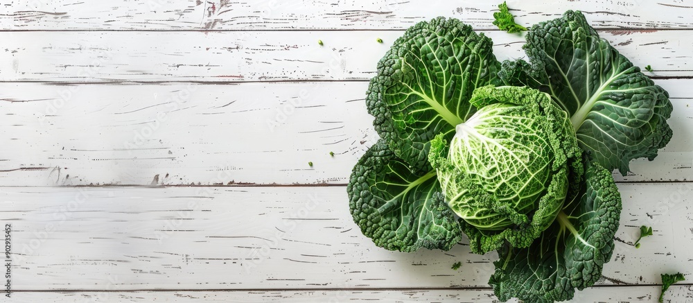 Poster Organic savoy cabbage displayed on a white wooden table with copy space image