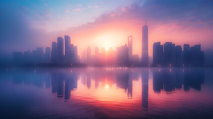Obraz premium Tranquil City Skyline at Dawn Reflecting New Possibilities and Promising Beginnings
