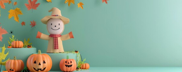 Fototapeta premium Cheerful scarecrow decoration with pumpkins and autumn leaves, perfect for celebrating the fall season and Halloween festivities.