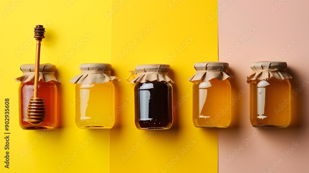 Poster a colorful display of honey varieties in jars