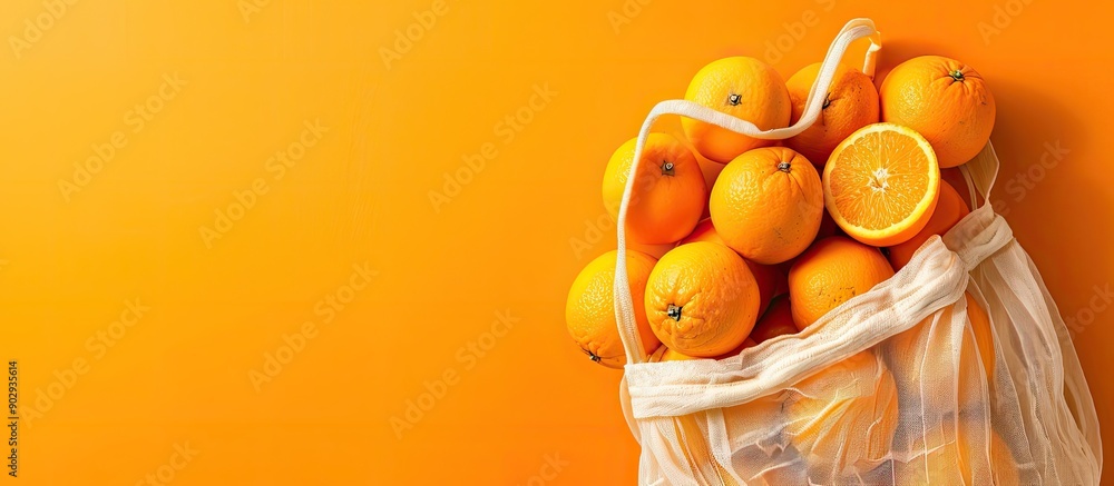Aufkleber plastic free bag containing oranges in a textile bag on an orange background with copy space image p