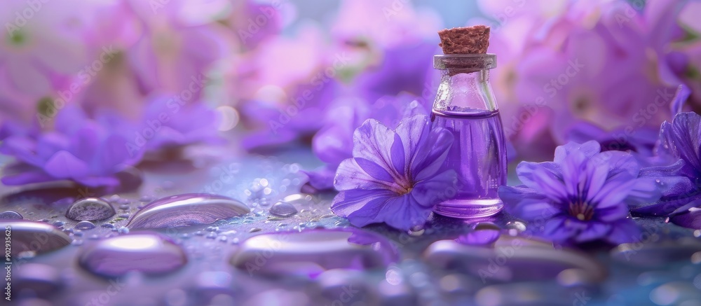 Poster violet flowers and a vial of essential oil create a serene spa ambiance in the background ideal for 