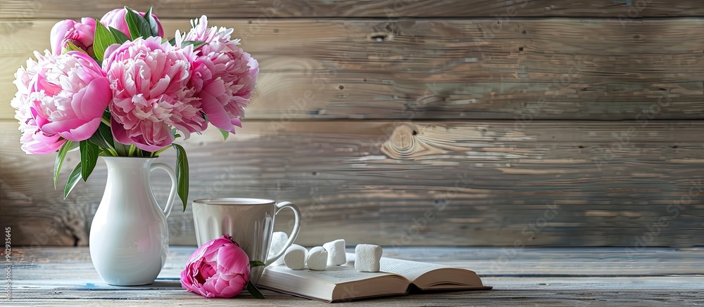 Aufkleber A light wooden surface with pink peonies a book a cup and marshmallows in a white vase forming a cozy setup suitable for breakfast or a coffee break with designated copy space image