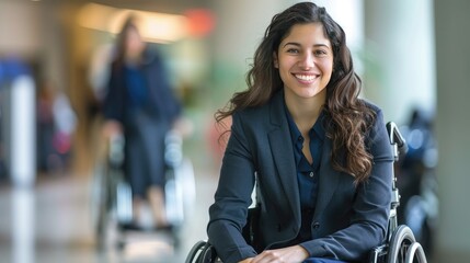 Portrait of a smiling young businesswoman in a wheelchair in a corporate environment.