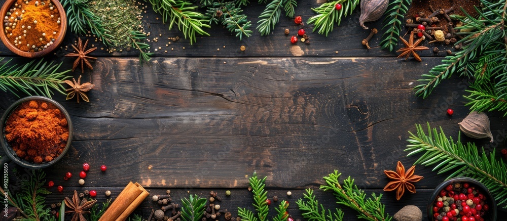 Poster Wooden table adorned with various spices and evergreen branches in a flat lay composition suitable for text with available copy space image