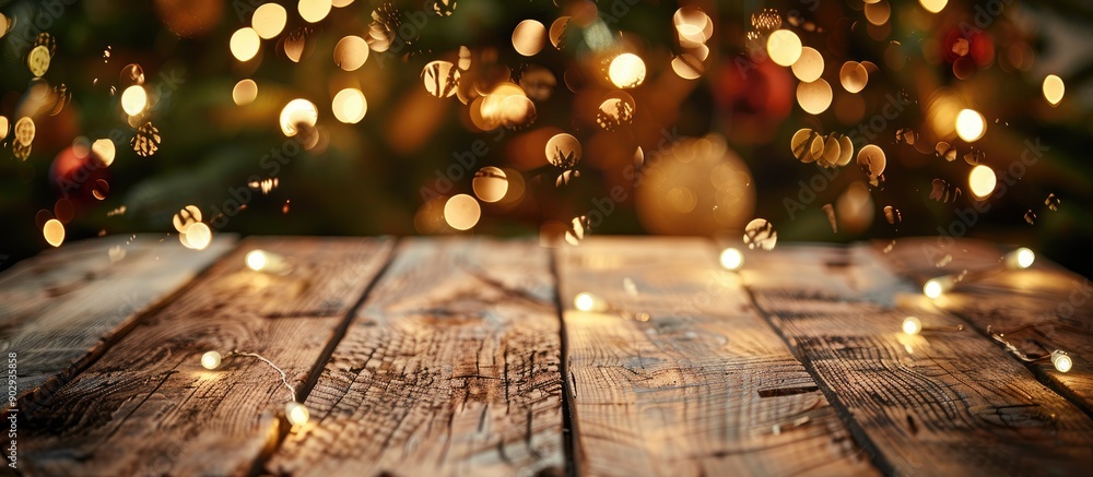 Aufkleber a wooden table with a blurred christmas tree background adorned with twinkling lights serves as a fe
