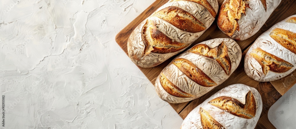 Poster A high quality photo of a bakery display featuring golden rustic loaves of bread on a wooden board placed on a light background captured from above with a layout including copy space image