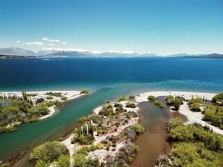 Aerial View of Scenic Lake and Snow-Capped Mountains Near Bariloche, Argentina