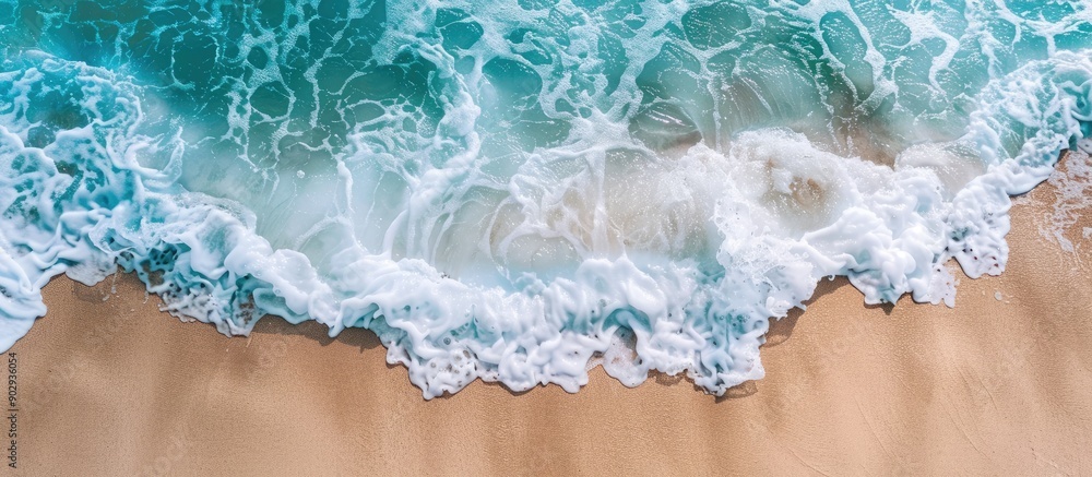 Poster tropical waves create a scenic ocean background with a sandy shore white foam and a serene natural v