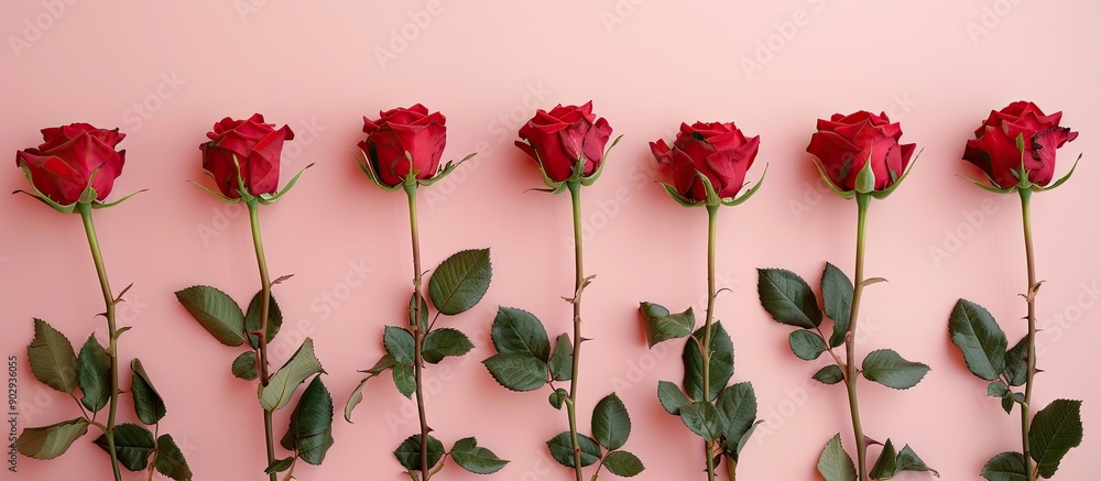 Poster a minimal concept holiday background with a row of red roses on a soft pink surface in a flat lay of