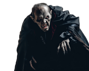A vampire with a red face and a black cape