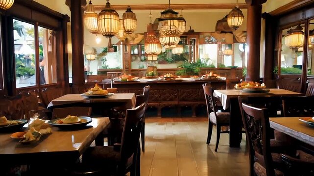 Cozy modern of empty cafe restaurant interior with chairs and tables and elegant decorating.