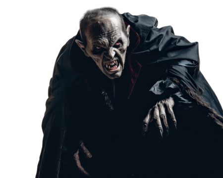 A vampire with a red face and a black cape