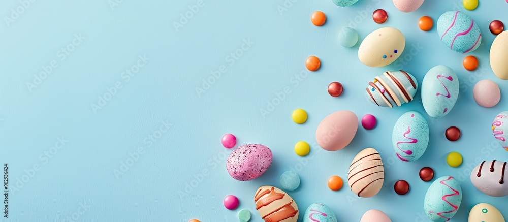 Poster easter theme with candies like chocolate eggs and jellybeans on a pastel blue background in a minima