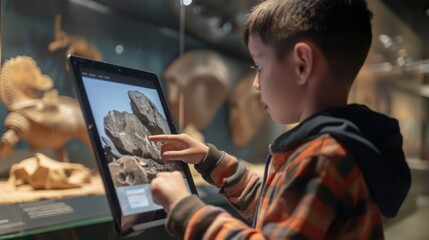 A young boy engages with a tablet, examining ancient artifacts displayed in a museum exhibit, enhancing his learning experience.