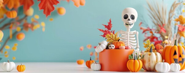 Obraz premium A festive Halloween scene featuring a skeleton, pumpkins, and autumn leaves, perfect for seasonal decorations and celebrations.