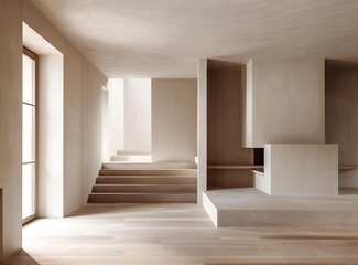 Fototapeta premium Modern Minimalist Interior Design With Stairs And Fireplace