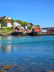 Naklejka premium Charming Red Cabins By The Tranquil Waters Of Norway's Coastal Village, Lofoten Norway