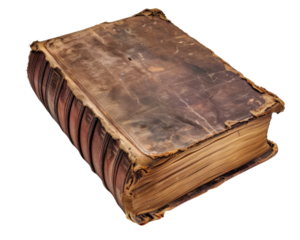 A leather bound book with a brown cover and yellow pages