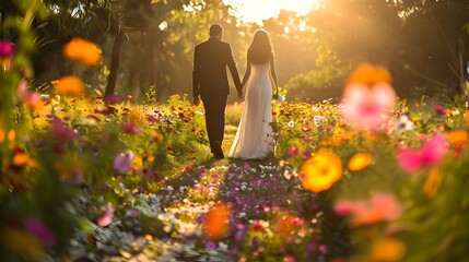 Newlywed Couple Hand in Hand on Flower Lined Path Ready to Embark on New Life Journey