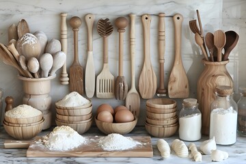 Rustic Kitchen Essentials: A Collection of Wooden Utensils and Baking Ingredients