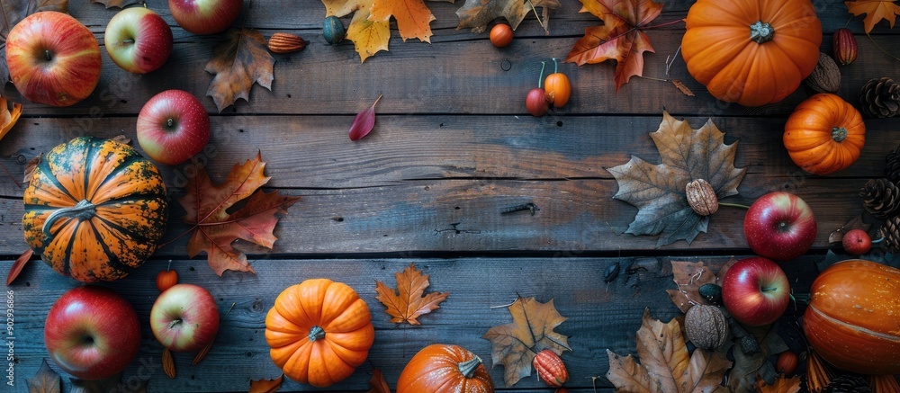 Poster thanksgiving themed rustic table setting for fall with pumpkins apples and autumn leaves seen from a